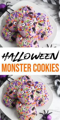 halloween monster cookies with sprinkles on them and the words best halloween monster cookies