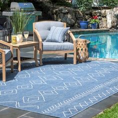 a patio area with chairs, table and rug next to a pool in the background