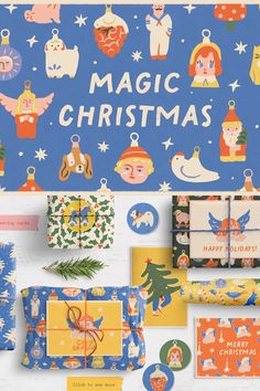 various christmas cards and gifts are arranged on a white surface with the words,'magic christmas '