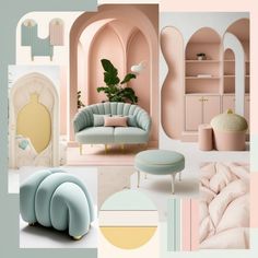 a collage of pastel colors with furniture and accessories in the background, including a couch