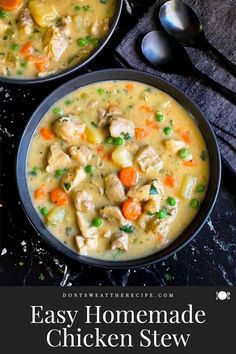 two bowls of easy homemade chicken stew with spoons on the side and text overlay