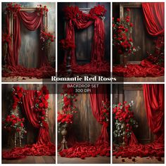 four different images of red roses in front of a wooden door with drapes on it