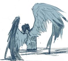 a drawing of an angel kneeling down with its wings spread out and his back turned to the side