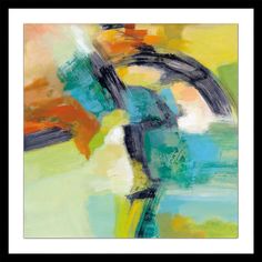 an abstract painting with blue, yellow and green colors on it's edges is featured in a black framed art print