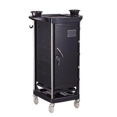 a black trolley with wheels and two cups on top of it's back end