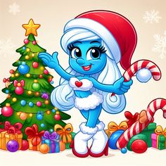 the smurf is standing next to a christmas tree