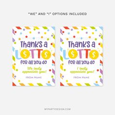 two thank cards with colorful confetti and polka dots on them, one has the words thanks for all you do