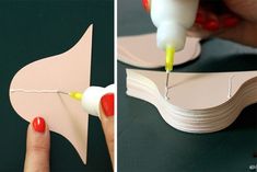 the process of making a paper bird with glue and toothpicks is shown here