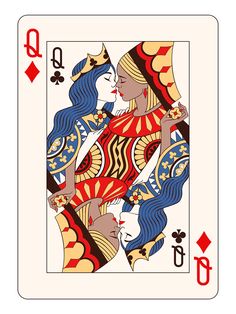 a playing card with two women in red, blue and yellow colors on the back