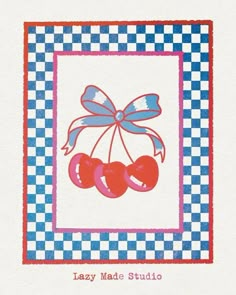 the cover of lazy made studio's album, featuring cherries on a blue and white checkered background