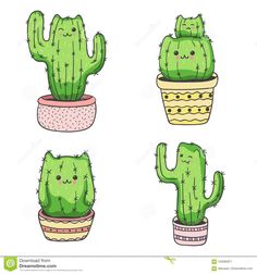 four green cactuses with different shapes and sizes in their pots royalty - art illustration