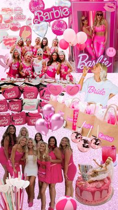 a collage of photos with pink and white balloons, cake, candies, hats, and other items