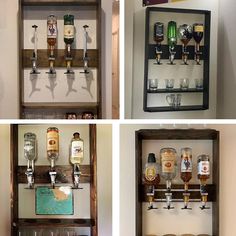 four different shots are arranged on the wall with shelves holding liquor glasses and beer bottles