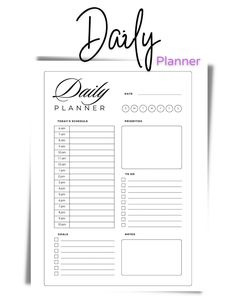 the daily planner printable is shown on top of a white sheet with black writing