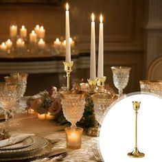 a dining room table with candles and place settings