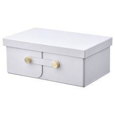 an empty white box with two handles on the front and one drawer open to show it's contents