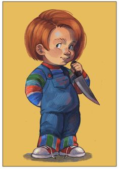 a drawing of a child holding a knife in one hand and looking at the camera