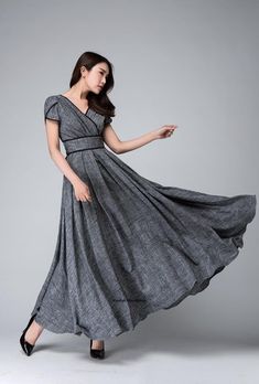 Maxi Dress Linen, Gray Maxi Dress, Empire Waist Maxi, Dresses Linen, Custom Made Dress, Plain Maxi Dress, Empire Waist Maxi Dress, V Dress, Pleated Long Skirt