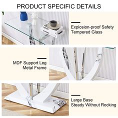 three different types of glass table legs with labels on the bottom and bottom, labeled product details