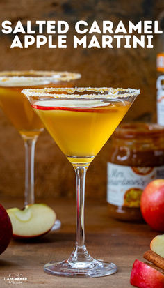 an apple martini is garnished with salted caramel and served in coupe glasses