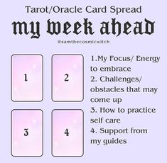 the tarot / oracle card spread for my week ahead is shown in black and white