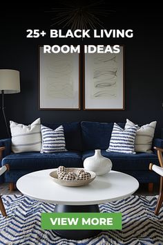 A sophisticated living room with dark walls, a navy blue velvet sofa, and mid-century modern decor. The room is enhanced with abstract art and a statement chandelier. Blue Black And White Living Room Modern, Black White Navy Living Room, Elegant Living Room Ideas, Navy Blue Velvet Sofa, Scandi Living Room, Modern White Living Room