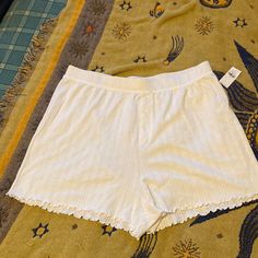 Cute White Pj Shorts. Has A Lettuce Hem At The Bottom And A Cute Pattern. High Rise! Casual Sleep Bottoms For Summer, Casual Summer Sleep Bottoms, White Bottoms For Sleep With Short Length, Relaxed Fit Sleep Bottoms For Summer, White Short-length Sleep Bottoms, White Short Length Sleep Bottoms, White Short Bottoms For Pajama Party, White Short-length Bottoms For Pajama Party, White Short Length Bottoms For Pajama Party