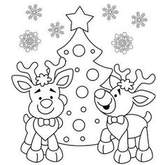 two reindeers standing in front of a christmas tree with snowflakes on it