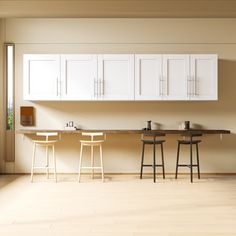 two stools sit in front of a counter with white cupboards on the wall