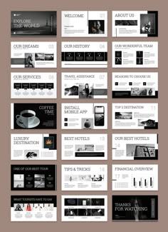 a large set of black and white powerpoint presentation templates with different layouts