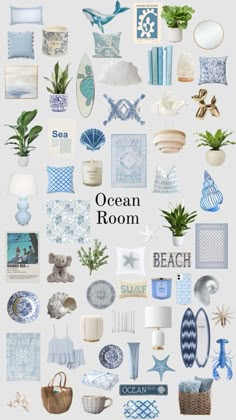 the ocean room is full of blue and white items, including shells, seashells,