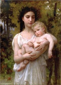 a painting of a woman holding a baby in her arms and looking at the camera