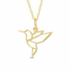 a gold necklace with a humming bird on it's back and the word love written in