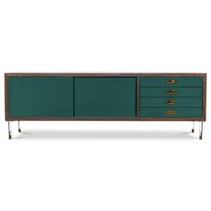 the sideboard with three drawers and two brass pulls on each side, in green