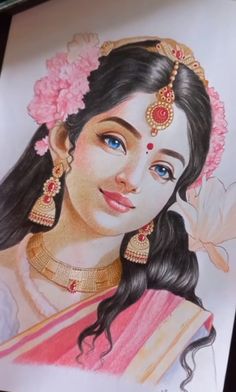 a drawing of a woman with blue eyes and long black hair wearing a pink sari