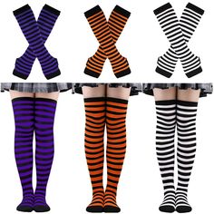 PRICES MAY VARY. 【Package Included】3 Pairs Knee High Socks + 3 Pairs Fingerless Gloves, 3 different colors to match your different occasions, super fashion with shorts and mini skirts, which show your vigor and make you charming 【Knit Material】Made of premium Polyester & Spandex material with good stretch, elastic, comfortable and breathable, bring you good wearing experience and last for a long time use 【One Size Fit Most】Fif for most womens girls teens size 5-9. The length of Striped Socks is Black And White Gloves, Womens Knee High Socks, Black And White Socks, Gloves For Women, Comfortable Socks, Black Gloves, Striped Socks, Knee High Socks, Halloween Outfits