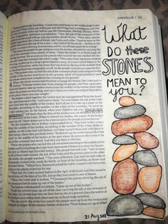 an open bible with rocks and the words what do these stones mean to you?