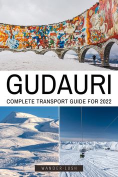 the cover of gudauri complete transport guide for 2012, with images of snow covered mountains and people on skis