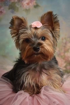 a small dog wearing a pink tutu with a flower in it's hair