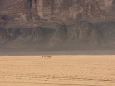 three people riding horses through the desert