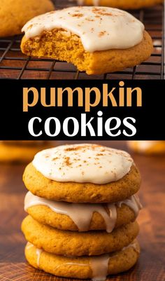 pumpkin cookies stacked on top of each other with the words pumpkin cookies in the middle