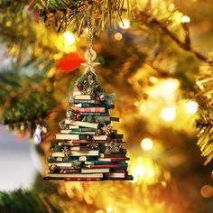 a christmas tree ornament made out of books