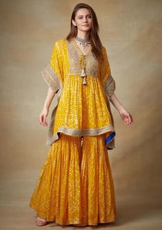 Kisneel By Pam Mehta | Yellow Printed Kaftan With Garara | INDIASPOPUP.COM Style Guru, Dress Indian Style