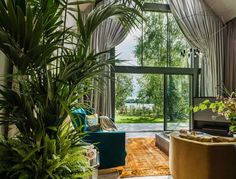 a living room filled with furniture and lots of plants in front of a large window