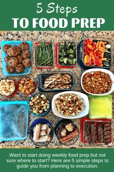 the 5 steps to food prep poster is shown with different foods in plastic containers, including meats and vegetables