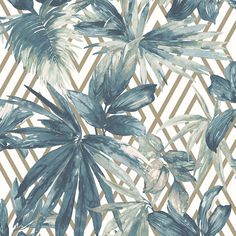 a blue and white wallpaper with green leaves on the bottom right corner, diagonal stripes in the background