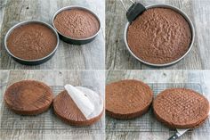 four pictures showing how to make a chocolate cake with icing on the top and bottom