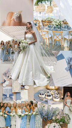 a collage of wedding pictures with blue and white colors