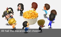 some cartoon characters are standing in front of a bowl of macaroni and cheese