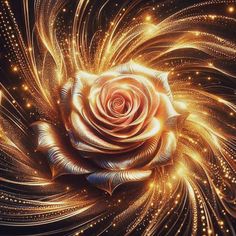 a rose is surrounded by gold and sparkles